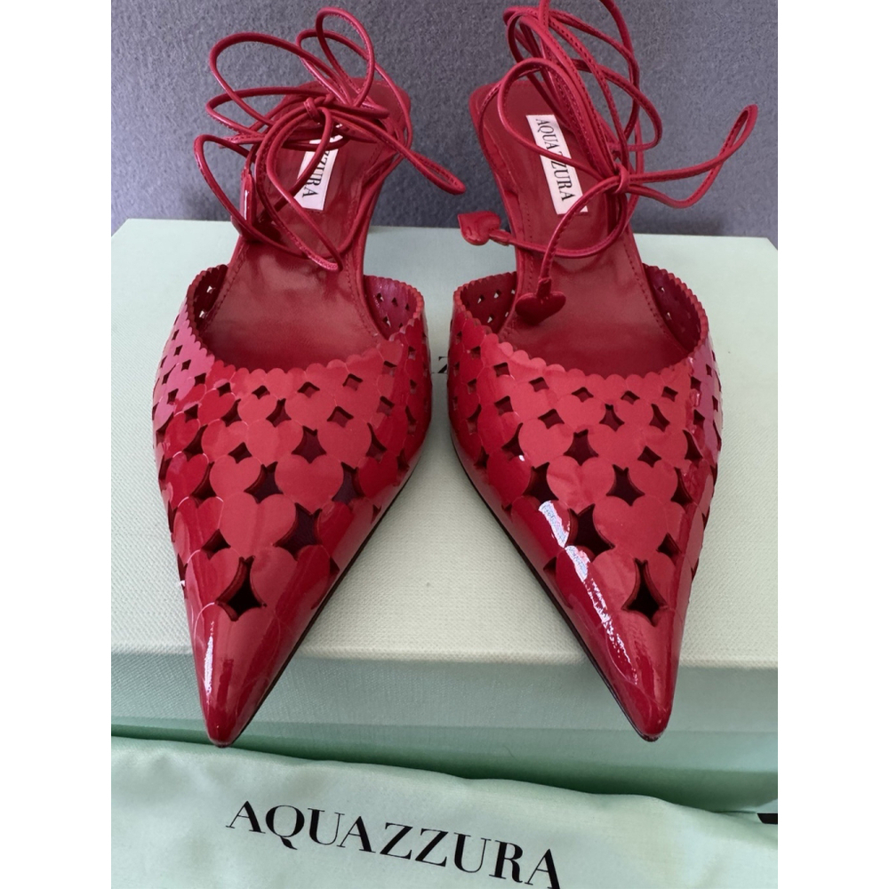 Aquazzura Amourose 50 Pump Lipstick Red Patent Leather Heart Cutout Heels 37 - Picture 3 of 9